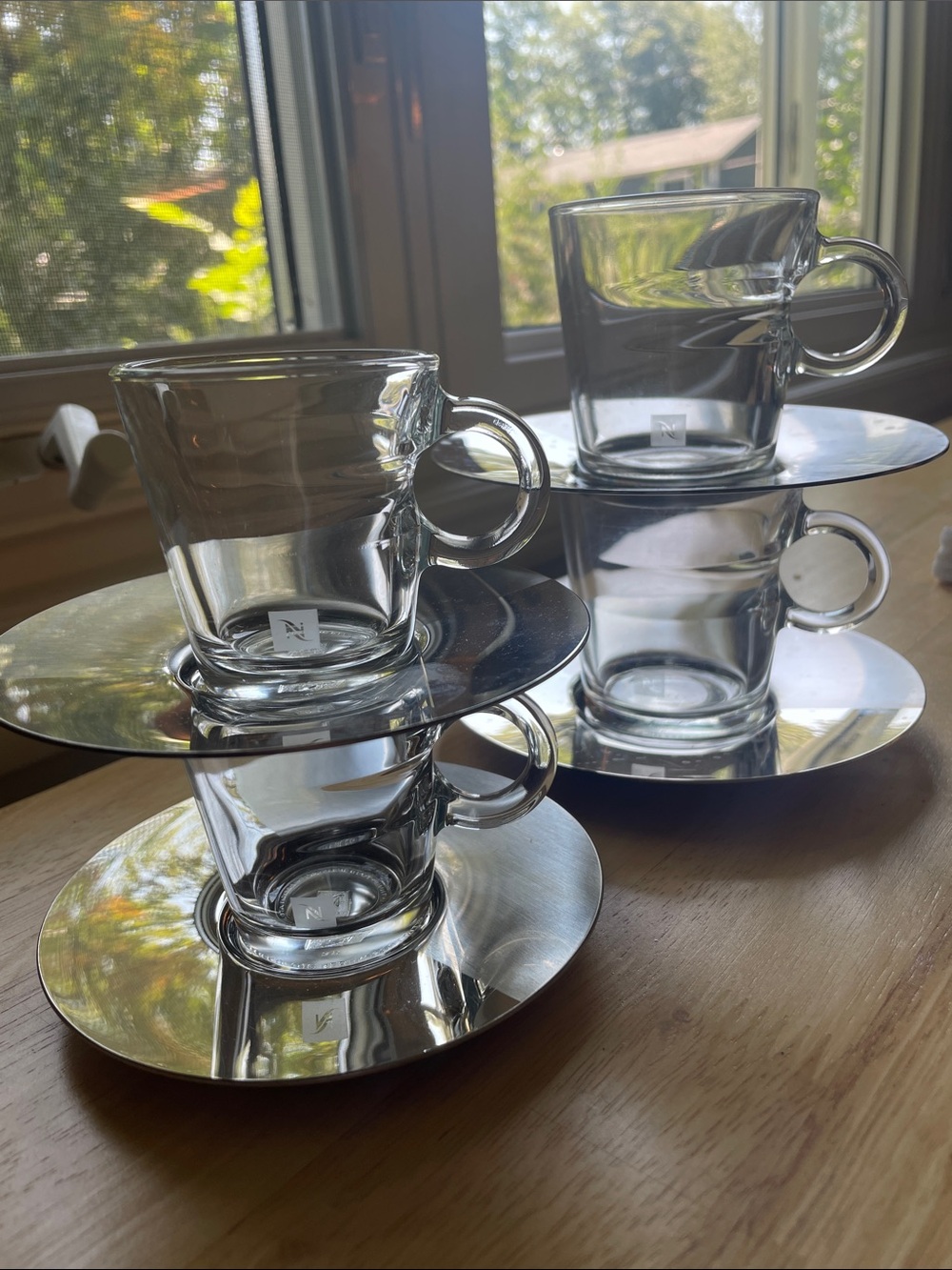 Nespresso Clear Glass Espresso Cups with Silver Metal Saucers - 2 big, 2 small
